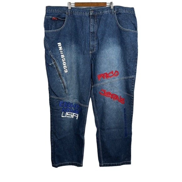 PACO JEANS Blue Denim Streetwear Skate‎ Embroidered Patch Leg Zip Pockets 54x33 - Picture 1 of 14